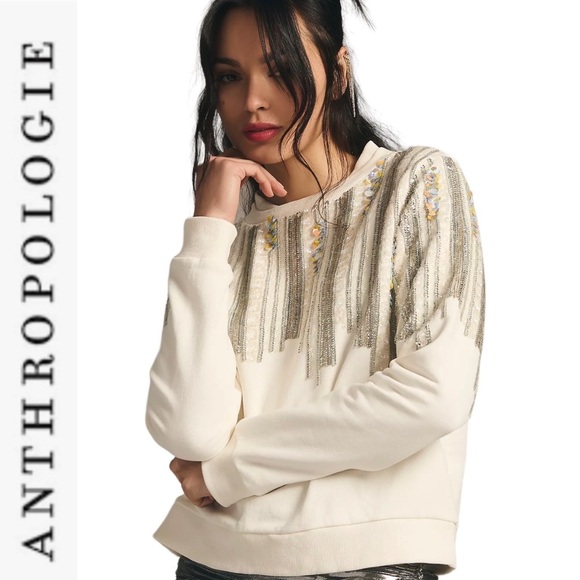 NWT Anthropologie Let Me Be Disco Sequin Sweatshirt gold xs - Picture 4 of 16